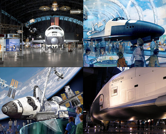 NASA has decided the final museum homes for its space shuttle fleet. Shuttle Discovery will go to the National Air and Space Museum’s Steven F. Udvar-Hazy Center, Chantilly, Va. (upper left); the shuttle test orbiter Enterprise will go to the Intrepid Sea, Air & Space Museum, New York City (illustration at upper right); shuttle Atlantis will go to the Kennedy Space Center Visitor Complex, Florida (bottom left). The test orbiter Enterprise is shown at bottom right.