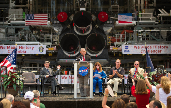 NASA Administrator Charles Bolden announces where four space shuttle orbiters will be permanently displayed at the conclusion of the Space Shuttle Program during an event held at one of the Orbiter Processing Facilities, Tuesday, April 12, 2011, at Kennedy Space Center in Cape Canaveral, Fla.