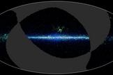 The WISE team released 57 percent of the sky survey by WISE in this two-dimensional projection of the whole sky. The fuzzy line down the middle is our Milky Way galaxy.