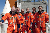 The astronauts of STS-134 came to Kennedy Space Center recently for countdown rehearsal. The real countdown for Space shuttle Endeavour is scheduled for Friday afternoon, April 29, 2011. From left, the astronauts are Commander Mark Kelly, Pilot Gregory H. Johnson and Mission Specialists Mike Fincke, Drew Feustel, Roberto Vittori and Greg Chamitoff.