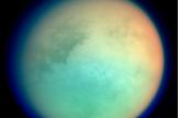 This false-color image from NASA's Cassini spacecraft shows Titan in ultraviolet and infrared wavelengths.