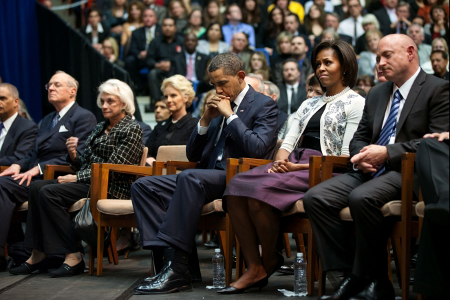 President Barack Obama, First Lady Michelle Obama and Mark Kelly at Tucson Memorial Service