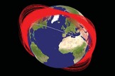 Known orbit planes of Fengyun-1C debris one month after its 2007 disintegration by a Chinese anti-satellite (ASAT) interceptor. The white orbit represents the International Space Station.