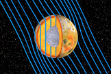 Artist's concept of the internal structure of Jupiter's moon Io. A global magma "ocean" (shown in orange) lies beneath a crust 30 to 50 kilometers thick. The rest of Io's mantle is shown in gold, while the moon's core is rendered in silver.