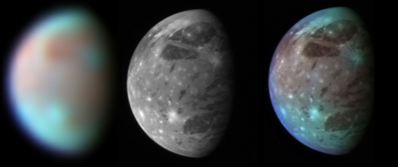 This montage compares New Horizons' best views of Ganymede, Jupiter's largest moon, gathered with the spacecraft's Long Range Reconnaissance Imager (LORRI) and its infrared spectrometer, the Linear Etalon Imaging Spectral Array (LEISA).