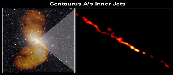 Left: The giant elliptical galaxy NGC 5128 is the radio source known as Centaurus A. Vast radio-emitting lobes extend nearly a million light-years from the galaxy. Right: The radio image from the TANAMI project provides the sharpest-ever view of a supermassive black hole's jets.
