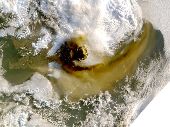 The Grimsvotn volcano ash plume casts a shadow to the west in this NASA image taken by the Aqua Earth-watching satellite.