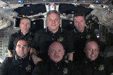 The six-man crew of space shuttle Endeavour discusses the last flight of the shuttle with reporters for one last time on May 29, 2011 before returning to Earth.