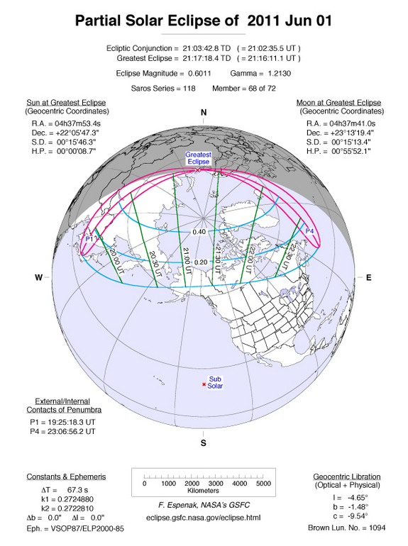 ok This NASA graphic shows the track of the June 1-2 partial solar eclipse, which will begin on June 2 and end on June 1 due to a fluke of its path across the International Date Line.