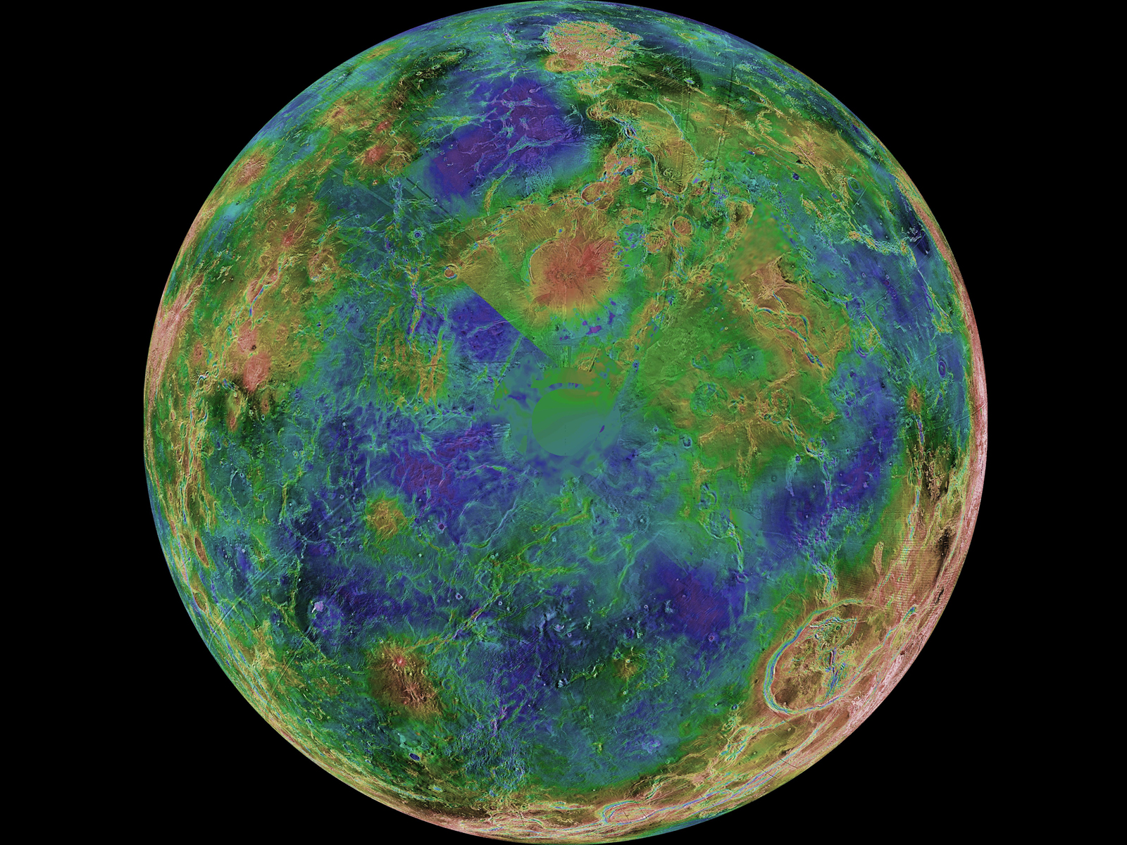 The hemispheric view of Venus, as revealed by more than a decade of radar investigations culminating in the 1990-1994 Magellan mission, is centered on the South Pole.