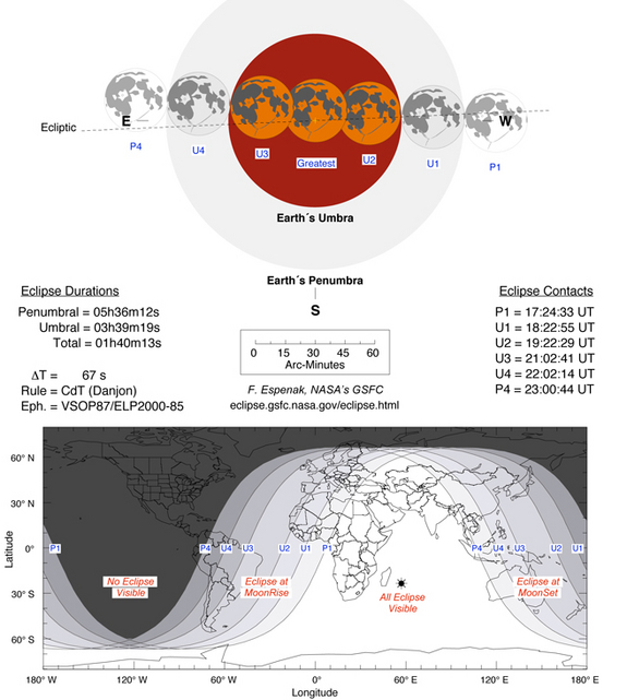 This NASA chart lists the start, peak and end times for the June 15, 2011 total lunar eclipse as well as likely visibility regions of the world.
