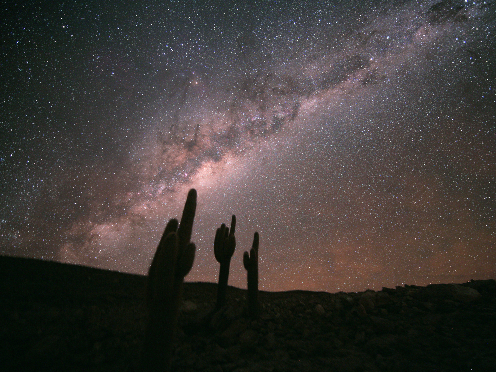 The Milky Way is seen in all its glory, as well as, in the lower right, the Large Magellanic Cloud.