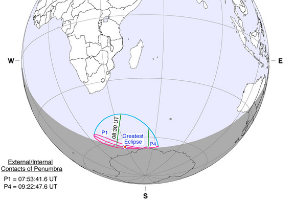 This NASA graphic depicts the path of the partial solar eclipse of July 1, 2011, which will peak over an uninhabited region off the coast of Antarctica.