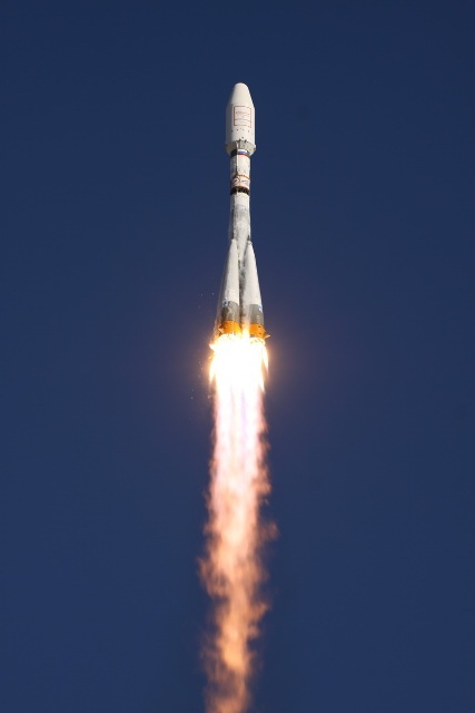 A Soyuz rocket soars skyward after launching from Baikonur Cosmodrome, Kazakhstan, on on July 13, 2011. The rocket carried six new satellites into orbit for the Globalstar network.