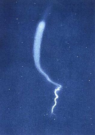 A chemical trail like the one here -- this one deployed from a sounding rocket at night as opposed to in the daytime -- will help researchers track wind movement to determine how it affects the movement of charged particles in the atmosphere.