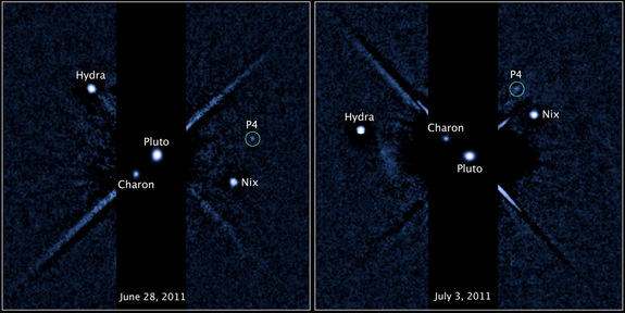 Two labeled images of the Pluto system, released on July 20, 2011, taken by the Hubble Space Telescope's Wide Field Camera 3 ultraviolet visible instrument with newly discovered fourth moon P4 circled. The image on the left was taken on June 28, 2011. The image of the right was taken on July 3, 2011.