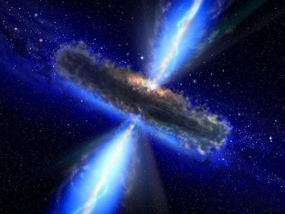 This artist's concept illustrates a quasar, or feeding black hole, similar to APM 08279+5255, where astronomers discovered huge amounts of water vapor. Gas and dust likely form a torus around the central black hole, with clouds of charged gas above and below.