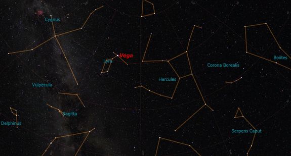 Look directly overhead to find the star Vega in the constellation Lyra. North is at the top of this sky map.