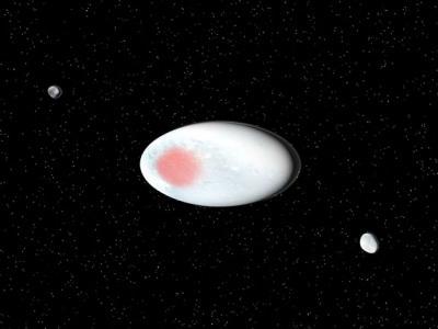 Artist's concept of the dwarf planet Haumea and its two satellites (Hi’iaka and Namaka).
