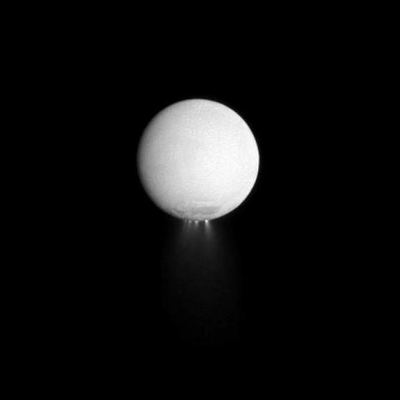 At least four distinct plumes of water ice spew out from the south polar region of Saturn's moon Enceladus. The image was taken in visible light with the Cassini spacecraft narrow-angle camera on Dec. 25, 2009.