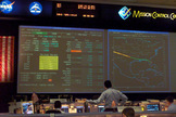 An overall view of the shuttle flight control room (WFCR) in Houston’s Mission Control Center (MCC) at the Johnson Space Center (JSC). At the time this photo was taken, flight controllers had just lost contact with the Space Shuttle Columbia. 