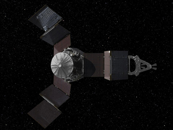 This still image from a Juno mission animation shows how the spinning spacecraft might look during deployment of its giant solar arrays. Solar array deployment takes place just a few minutes after Juno separates from its launch vehicle upper stage booster.