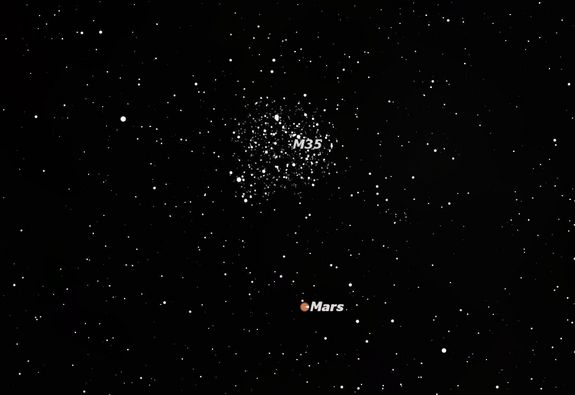 This sky map shows the location of Mars and the open star cluster Messier 35 on Aug. 6, 2011.