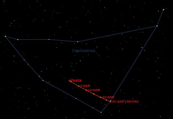 This sky map shows the movements of asteroid Vesta on Aug. 5, 2011.