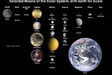 This illustration show moons of our solar system together with the Earth for scale.