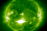 The Solar and Heliospheric Observatory (SOHO) spacecraft captured this image of a solar flare as it erupted from the sun early on Tuesday, October 28, 2003. The flare was recorded as a massive X45-class solar storm.