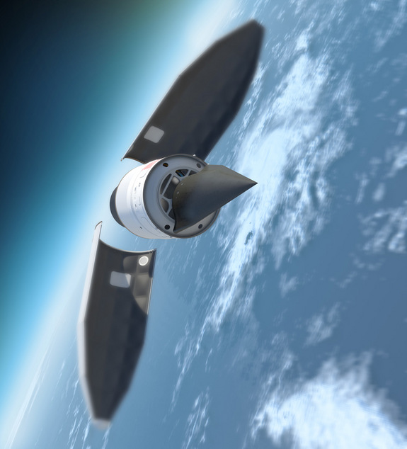 The Falcon hypersonic HTV-2 aircraft emerges from its payload fairing before gliding back to Earth.