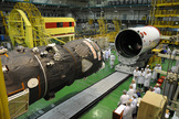 The Progress 44 spacecraft being assembled. All three of its modules are visible.