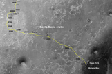 The yellow line on this map shows where NASA's Mars rover Opportunity has driven from its landing site in January 2004 to a point approaching the rim of Endeavour crater.
