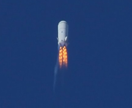 Blue Origin's second test vehicle, a suborbital launch vehicle, soars through Mach 1.2 at 45,000 feet in this image released by the secretive private spaceflight company. This image was taken in August 2011 right before the thrust termination system activated, resulting in the loss of the vehicle, company officials said.