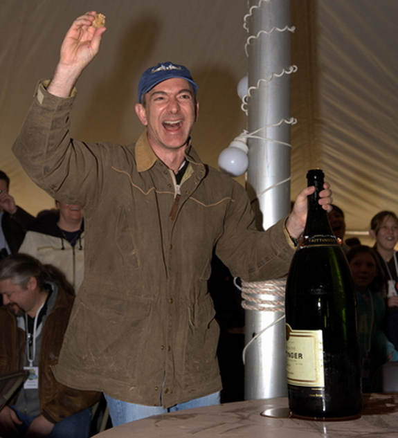 Jeff Bezos celebrates a test launch of Goddard vehicle.