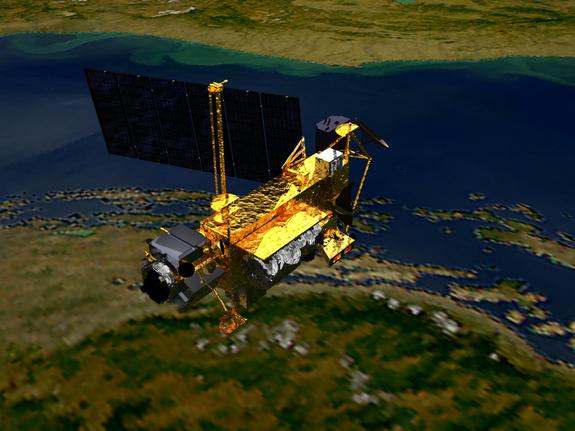 An artist's concept of the Upper Atmosphere Research Satellite (UARS) satellite in space. The 6 1/2-ton satellite was deployed from space shuttle Discovery in 1991 and decommissioned in December 2005.