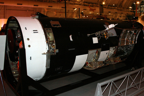 A side view of a KH-7 GAMBIT spy satellite on display at the Smithsonian National Air and Space Museum's Udvar-Hazy Center at Dulles Airport, Va., on Sept. 17, 2011.