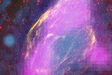 Fermi's LAT mapped GeV-gamma-ray emission (magenta) from the W44 supernova remnant. The features clearly align with filaments detectable in other wavelengths. This composite merges X-rays (blue) from the Germany-led ROSAT mission, infrared (red) from NASA's Spitzer Space Telescope, and radio (orange) from the NRAO's Very Large Array near Socorro, N.M.