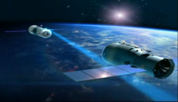 A Chinese Shenzhou spacecraft closes in on the country's Tiangong 1 space lab in this still from a mission profile video.