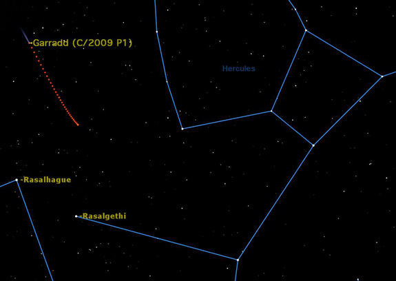 Comet Garradd continues to be a nice object in binoculars or a small telescope, an 8th magnitude comet slowly crossing Hercules.