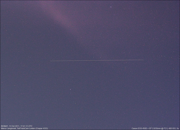 On Oct. 14, 2011, astrophotographer Marco Langbroek of the Netherlands caught this view of the German satellite ROSAT, which is expected to fall to Earth in October 2011. He said: "I just observed the satellite again, in even deeper twilight. It is moving very fast, quite a spectacular view."