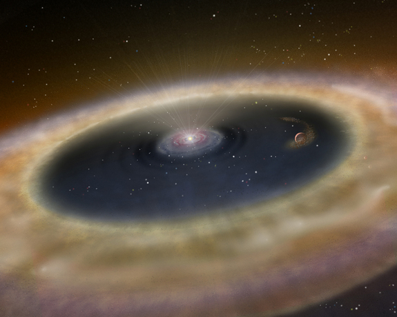 Artist’s conception of the newly born alien planet LkCa 15 b and its parent star, which are found about 450 light-years from Earth in the constellation Taurus.