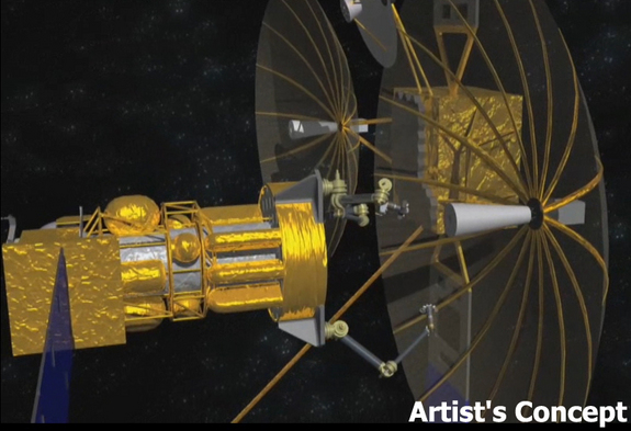 Artist's impression of a servicing satellite (left) — to be developed under the U.S. military's Phoenix program — preparing to remove a still-functioning antenna from a defunct satellite (right) in geosynchronous orbit.