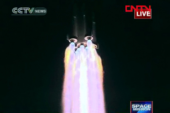 China's Shenzhou 8 spacecraft launched into Earth orbit on Oct. 31, 2011 atop a Long March 2F rocket. This close-up shot shows the rocket in action, shortly after liftoff.