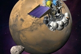 An artist's concept of the Phobos-Grunt spacecraft nearing the Martian moon Phobos, something the failed probe never got to do.