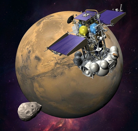 An artist's concept of the Phobos-Grunt spacecraft nearing the Martian moon Phobos, something the failed probe never got to do.