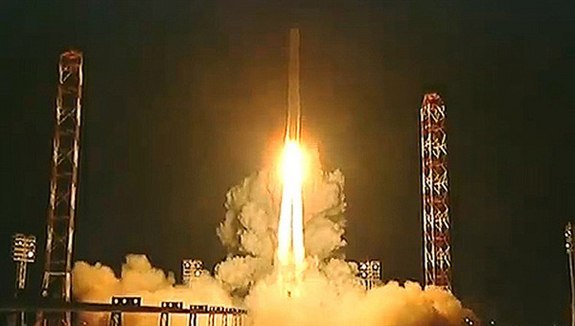 A Zenit rocket launches into space carrying Russia's Phobos-Grunt spacecraft toward Mars on a mission to collect samples of the Martian moon Phobos. Liftoff occured on Nov. 9, 2011 Local Time from Baikonur Cosmodrome in Kazakhstan (Nov. 8 EST).
