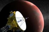 An artist's concept of the New Horizons spacecraft as it visits Pluto in 2015. Instruments will map Pluto and its moons, providing detail not only on the surface of the dwarf planet, but also about its shape, which could reveal whether or not an ocean lies beneath the ice.