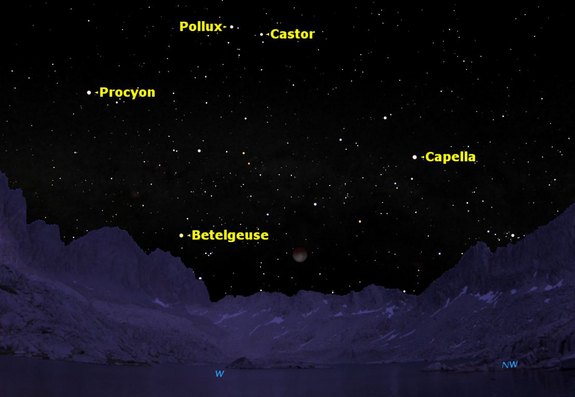 A total lunar eclipse will occur at dawn on Saturday, Dec. 10, 2011. The graphic shows how it will look just before dawn in central California, surrounded by first magnitude stars.