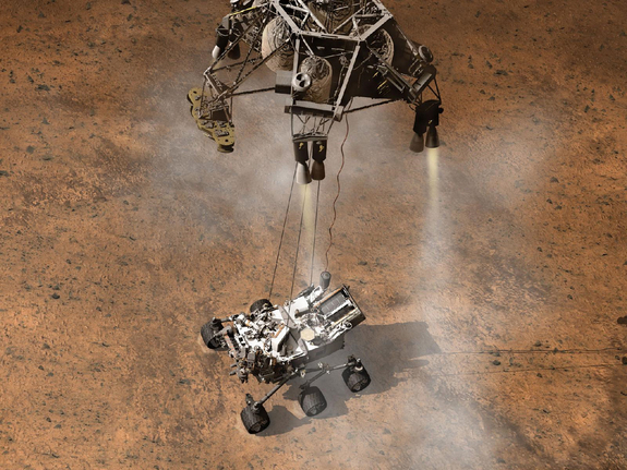 The Curiosity rover touches down on the Martian surface in this artist's rendition.